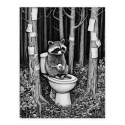 "Artery8 Raccoon on Toilet in Forest Black White Surreal Wall Art Print in Grey - Size: W12"" x H16""" - thumbnail 1