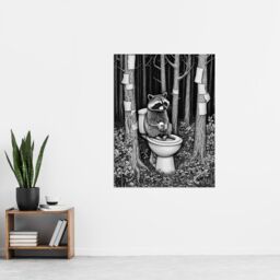 "Artery8 Raccoon on Toilet in Forest Black White Surreal Wall Art Print in Grey - Size: W12"" x H16""" - thumbnail 4