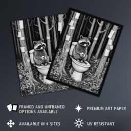 "Artery8 Raccoon on Toilet in Forest Black White Surreal Wall Art Print in Grey - Size: W12"" x H16""" - thumbnail 2
