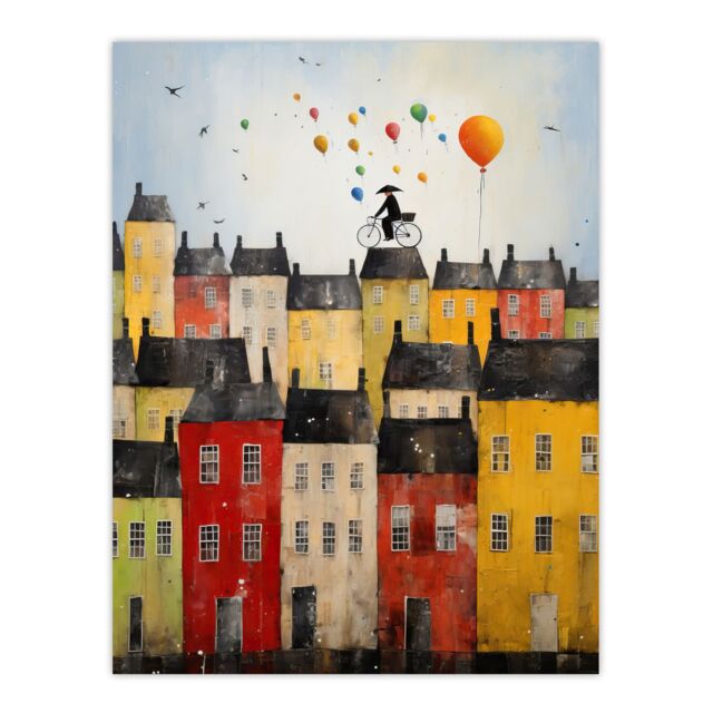 "Artery8 Wall Art Print Cycling The Rooftops Celebration Whimsical Fun Townscape Artwork Painting Poster - Size: W12"" x H16""" - image 1