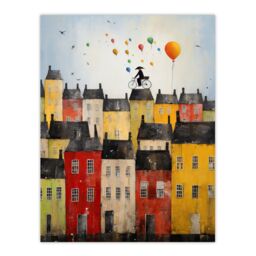 "Artery8 Wall Art Print Cycling The Rooftops Celebration Whimsical Fun Townscape Artwork Painting Poster - Size: W12"" x H16""" - thumbnail 1