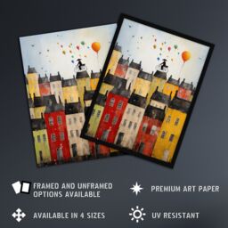 "Artery8 Wall Art Print Cycling The Rooftops Celebration Whimsical Fun Townscape Artwork Painting Poster - Size: W12"" x H16""" - thumbnail 2
