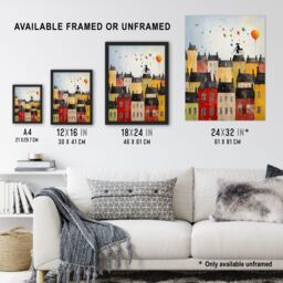 "Artery8 Wall Art Print Cycling The Rooftops Celebration Whimsical Fun Townscape Artwork Painting Poster - Size: W12"" x H16""" - thumbnail 3