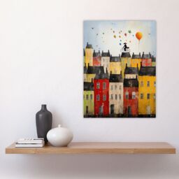 "Artery8 Wall Art Print Cycling The Rooftops Celebration Whimsical Fun Townscape Artwork Painting Poster - Size: W12"" x H16""" - thumbnail 4
