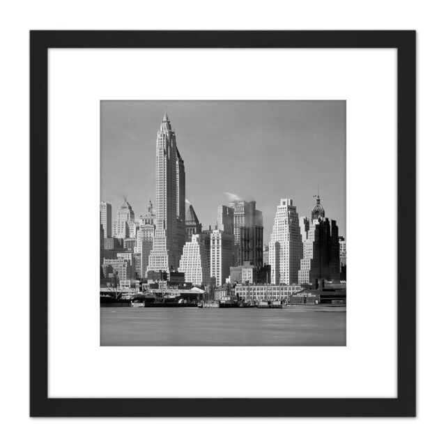 Artery8 New York From River Skyscrapers Vintage Photo 8X8 Inch Square Wooden Framed Wall Art Print Picture with Mount in Black - image 1