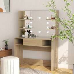 Berkfield Home Makeup Table with LED Lights 100x40x135 cm MDF Oak in Brown - Size: 100 x 40 x 135 cm - thumbnail 2