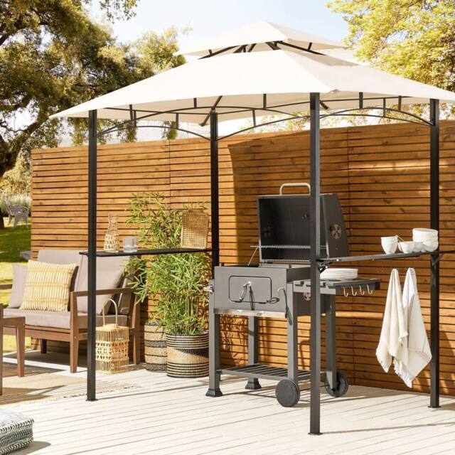 Wyld and Coco Beige Fabric Garden Pavilion Black Powder Coat Steel 240 x 148cm - Size: 240 x 148 cm - image 1