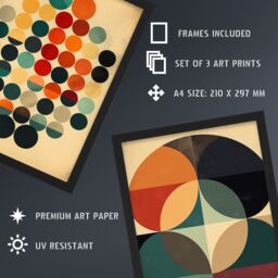 Artery8 A4 Wall Art & Frame Set of 3 Bauhaus Abstract Concentric Circles in Beige - thumbnail 3