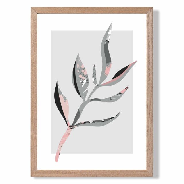 ARTZE Papyrus Leaf Grey & Pink Boho Botanical Framed Print SIZE: A4 with Oak Frame - Size: A2 - image 1