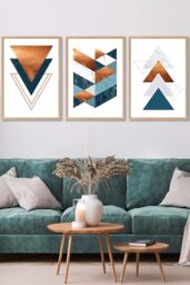ARTZE Set of 3 Oak Framed Mid Century Teal Orange Abstract Geometric Wall Art - Size: W33 cm x H45 cm x D20mm