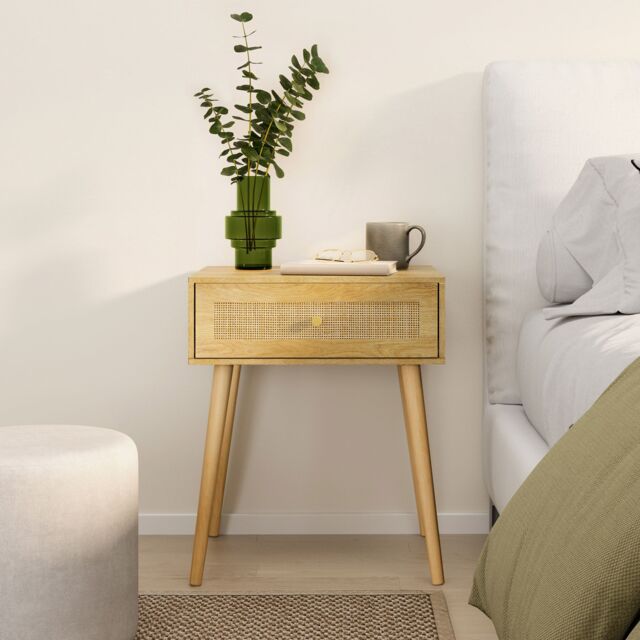 VonHaus Sienna 1 Drawer Rattan Fronted Bedside Table in Natural - image 1