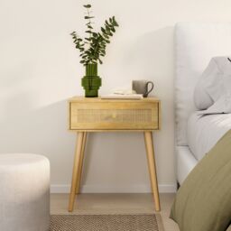 VonHaus Sienna 1 Drawer Rattan Fronted Bedside Table in Natural
