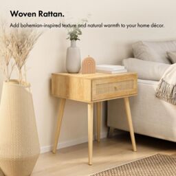 VonHaus Sienna 1 Drawer Rattan Fronted Bedside Table in Natural - thumbnail 2