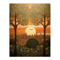 "Artery8 Wall Art Print Art Nouveau Autumn Village Sunset Artwork Painting Poster in Orange - Size: W18"" x H24""" - thumbnail 1