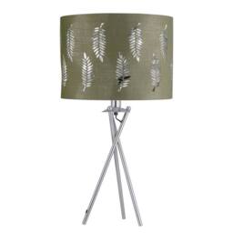 First Choice Lighting Chrome Tripod Table Lamp with Sage Green Fern Cut Out Shade in Silver