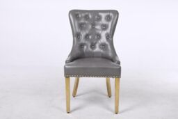 Modernique Set of 2 Luna Leather Aire Dining Chairs with Knocker, Stud & Golden Legs in Grey