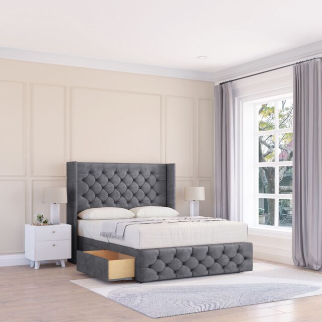 "Sloomy Luthor Coniston Wingback Bed Set, 2 Drawers & 54"" Floor Standing Headboard in Dark Grey - Size: Super King" - image 1