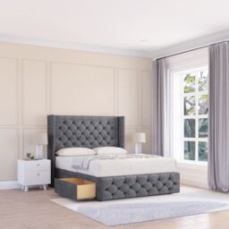 "Sloomy Luthor Coniston Wingback Bed Set, 2 Drawers & 54"" Floor Standing Headboard in Dark Grey - Size: Super King" - thumbnail 1