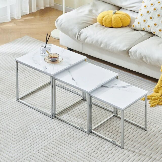 FURNOS Set Of 3 Faux Marble Nesting Tables in White - image 1
