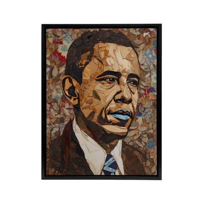"Artery8 Barack Obama Collage Art Portrait Framed Canvas Wall Art Print in Brown - Size: W12"" x H16""" - image 1