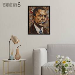 "Artery8 Barack Obama Collage Art Portrait Framed Canvas Wall Art Print in Brown - Size: W12"" x H16""" - thumbnail 3
