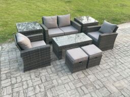 Fimous 8 PCS Outdoor Lounge Sofa Set Wicker PE Rattan Garden Furniture Set with Rectangular Coffee Table Armchair in Dark Grey - thumbnail 2