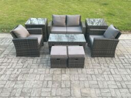 Fimous 8 PCS Outdoor Lounge Sofa Set Wicker PE Rattan Garden Furniture Set with Rectangular Coffee Table Armchair in Dark Grey - thumbnail 1