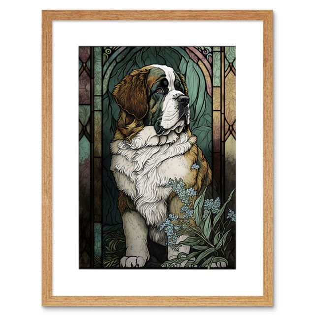 "Artery8 Wall Art Print St Bernard Dog with Silvery Lupine Flowers Modern Art Nouveau Artwork Framed 9X7 Inch in Beige - Size: W7"" x H9""" - image 1