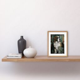 "Artery8 Wall Art Print St Bernard Dog with Silvery Lupine Flowers Modern Art Nouveau Artwork Framed 9X7 Inch in Beige - Size: W7"" x H9""" - thumbnail 2