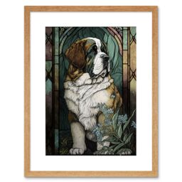 "Artery8 Wall Art Print St Bernard Dog with Silvery Lupine Flowers Modern Art Nouveau Artwork Framed 9X7 Inch in Beige - Size: W7"" x H9""" - thumbnail 1