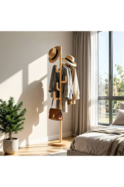 Living and Home Freestanding Wooden Coat Rack Clothes Holder Garment Rack with 6 Hooks in Beige - image 1