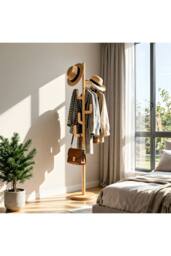 Living and Home Freestanding Wooden Coat Rack Clothes Holder Garment Rack with 6 Hooks in Beige