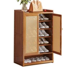 Havendro Shoe Cabinet Cupboard Wooden Double Rattan Doors in Brown