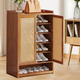 Havendro Shoe Cabinet Cupboard Wooden Double Rattan Doors in Brown - thumbnail 5