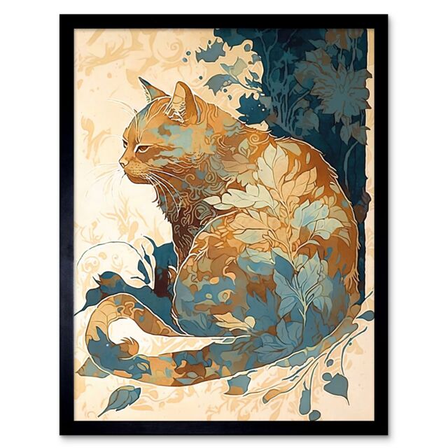 "Artery8 Wall Art Print Cat with Leaf Pattern Fur Coat Modern Teal & Ochre Art Framed in Black - Size: W12"" x H16""" - image 1