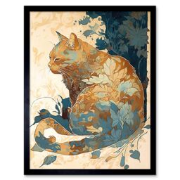 "Artery8 Wall Art Print Cat with Leaf Pattern Fur Coat Modern Teal & Ochre Art Framed in Black - Size: W12"" x H16""" - thumbnail 1