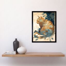 "Artery8 Wall Art Print Cat with Leaf Pattern Fur Coat Modern Teal & Ochre Art Framed in Black - Size: W12"" x H16""" - thumbnail 2