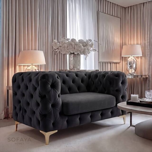 Sofaya Monaco Chesterfield Velvet Arm Chair Cushions Sofa Seater Couch in Black - Size: Armchair - image 1