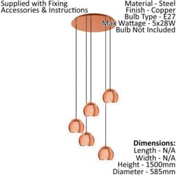 Loops Pendant Ceiling Light Colour Copper Shade Copper & Clear Glass Bulb E27 5x28W - thumbnail 2
