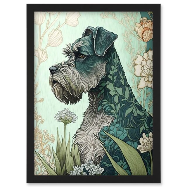 Artery8 Grey Schnauzer Dog with Floral Pattern Fur Coat in Flowers Modern Watercolour Illustration Artwork Framed Wall Art Print A4 in Black - image 1