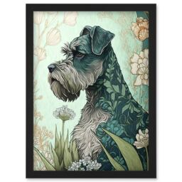 Artery8 Grey Schnauzer Dog with Floral Pattern Fur Coat in Flowers Modern Watercolour Illustration Artwork Framed Wall Art Print A4 in Black - thumbnail 1