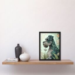Artery8 Grey Schnauzer Dog with Floral Pattern Fur Coat in Flowers Modern Watercolour Illustration Artwork Framed Wall Art Print A4 in Black - thumbnail 2