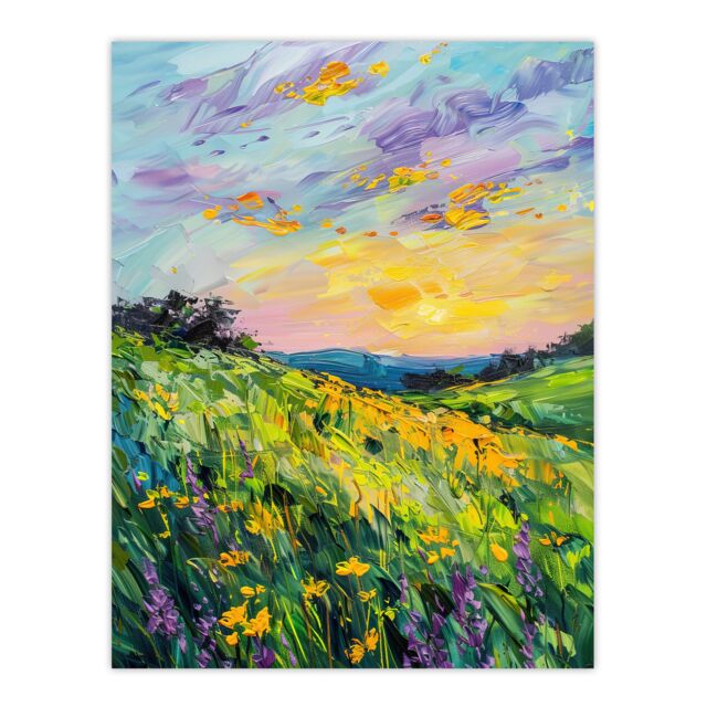 "Artery8 Lavender Daffodil Meadow Sunset Oil Painting Wall Art Print in Green - Size: W24"" x H32""" - image 1