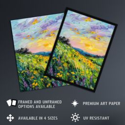 "Artery8 Lavender Daffodil Meadow Sunset Oil Painting Wall Art Print in Green - Size: W24"" x H32""" - thumbnail 2