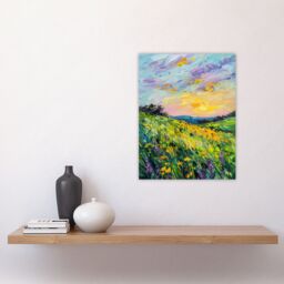 "Artery8 Lavender Daffodil Meadow Sunset Oil Painting Wall Art Print in Green - Size: W24"" x H32""" - thumbnail 4