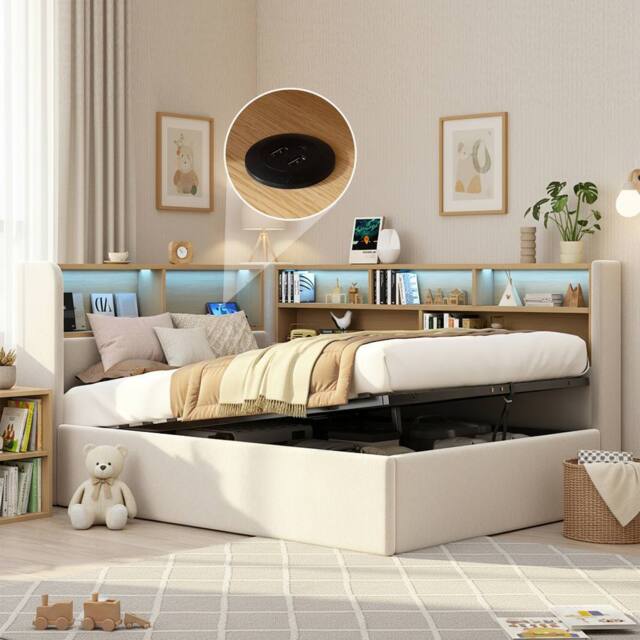 Matteo L-shaped Velvet Daybed with Storage, LED & USB - 3FT Single in Beige - image 1