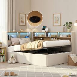 Matteo L-shaped Velvet Daybed with Storage, LED & USB - 3FT Single in Beige - thumbnail 1