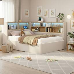 Matteo L-shaped Velvet Daybed with Storage, LED & USB - 3FT Single in Beige - thumbnail 4