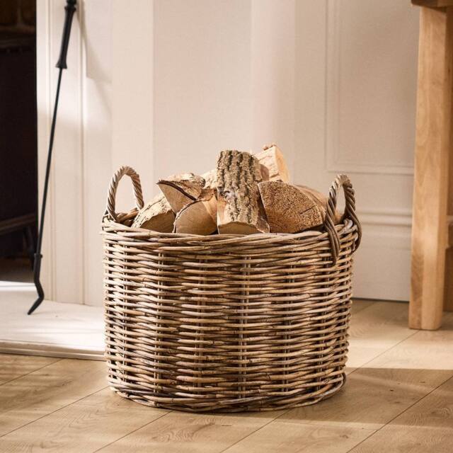 Dibor Traditional Round Medium Grey Rattan Log Basket with Handles H35 x L48 x W48cm in Natural - image 1
