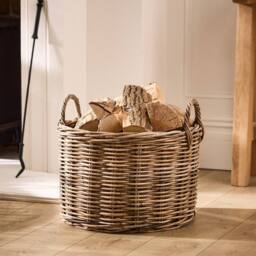 Dibor Traditional Round Medium Grey Rattan Log Basket with Handles H35 x L48 x W48cm in Natural - thumbnail 1